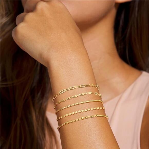 Gold Bracelets for Women, Trendy Adjustable 14K Gold Plated Stackable Link - Picture 4 of 7